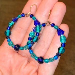 Circle Blue Aqua Glass Dangle Earrings
